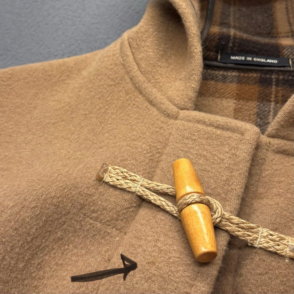 Orvis Wool Blend Duffle Toggle Coat Plaid Lined Hooded Made in England Size L - Picture 6 of 15